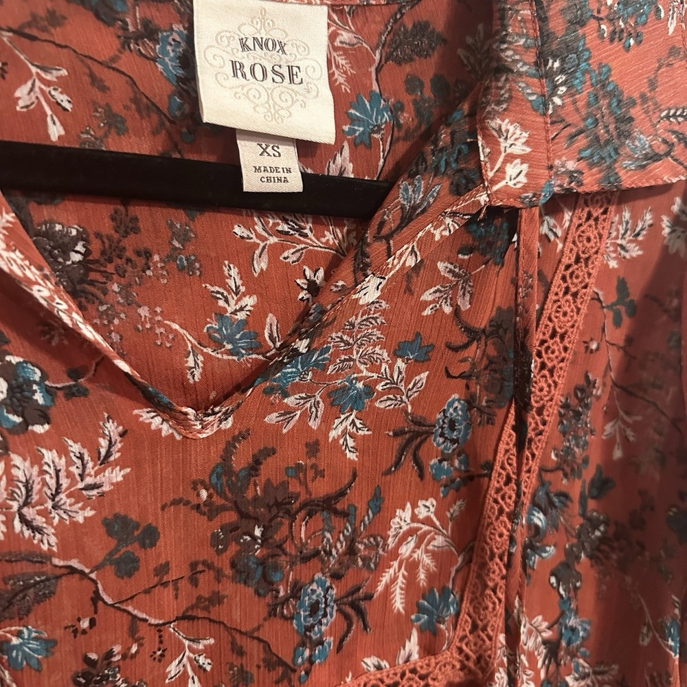 Knox Rose Women Floral Tasseled Sheer Bohemian Cottagecore Tunic Top XS Autumn - Picture 3 of 5